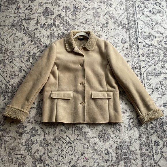 Lands' End Jackets & Blazers - Vtg Y2K Lands End Tan Faux Suede Sherpa Fleece Lined Soft Barn Coat Jacket 14/16